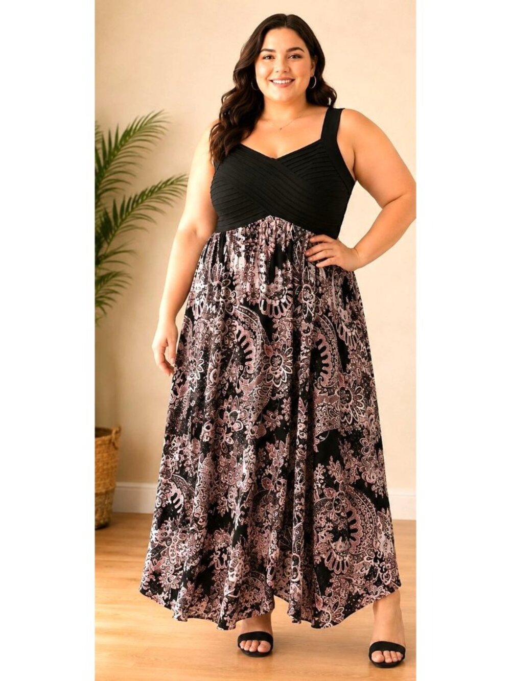 Sami & Jo Plus Black Sleeveless V-Neck‎ Pleated Bodice Floral Maxi Dress Sz 2X